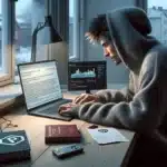 Young norwegian at laptop with torrent app legal warning letter blocked page