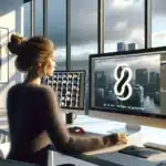 Designer and advisor comparing two similar logos on screens in a norwegian office