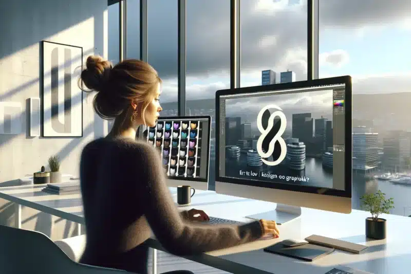 Designer and advisor comparing two similar logos on screens in a norwegian office