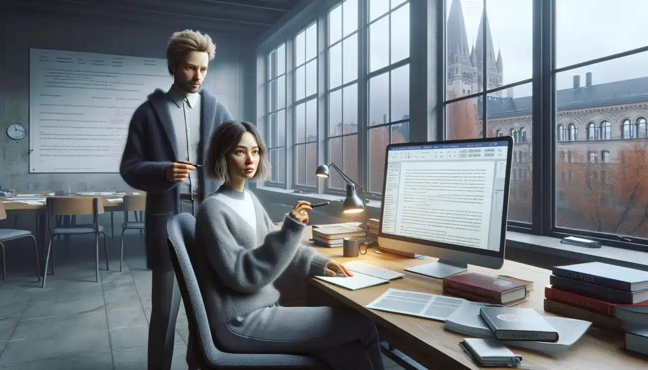 Lecturer and student reviewing a plagiarism report on a laptop in a norwegian office