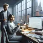 Lecturer and student reviewing a plagiarism report on a laptop in a norwegian office