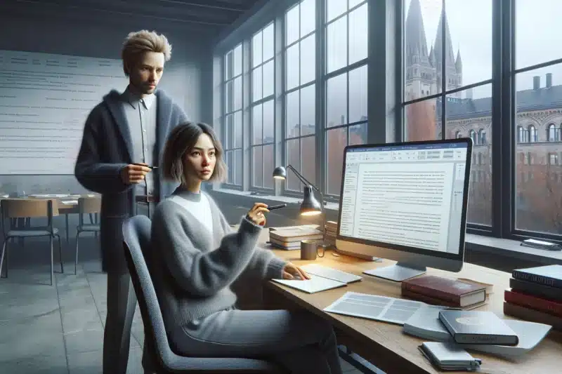 Lecturer and student reviewing a plagiarism report on a laptop in a norwegian office