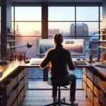 Norwegian designer compares two near identical poster designs at a studio desk