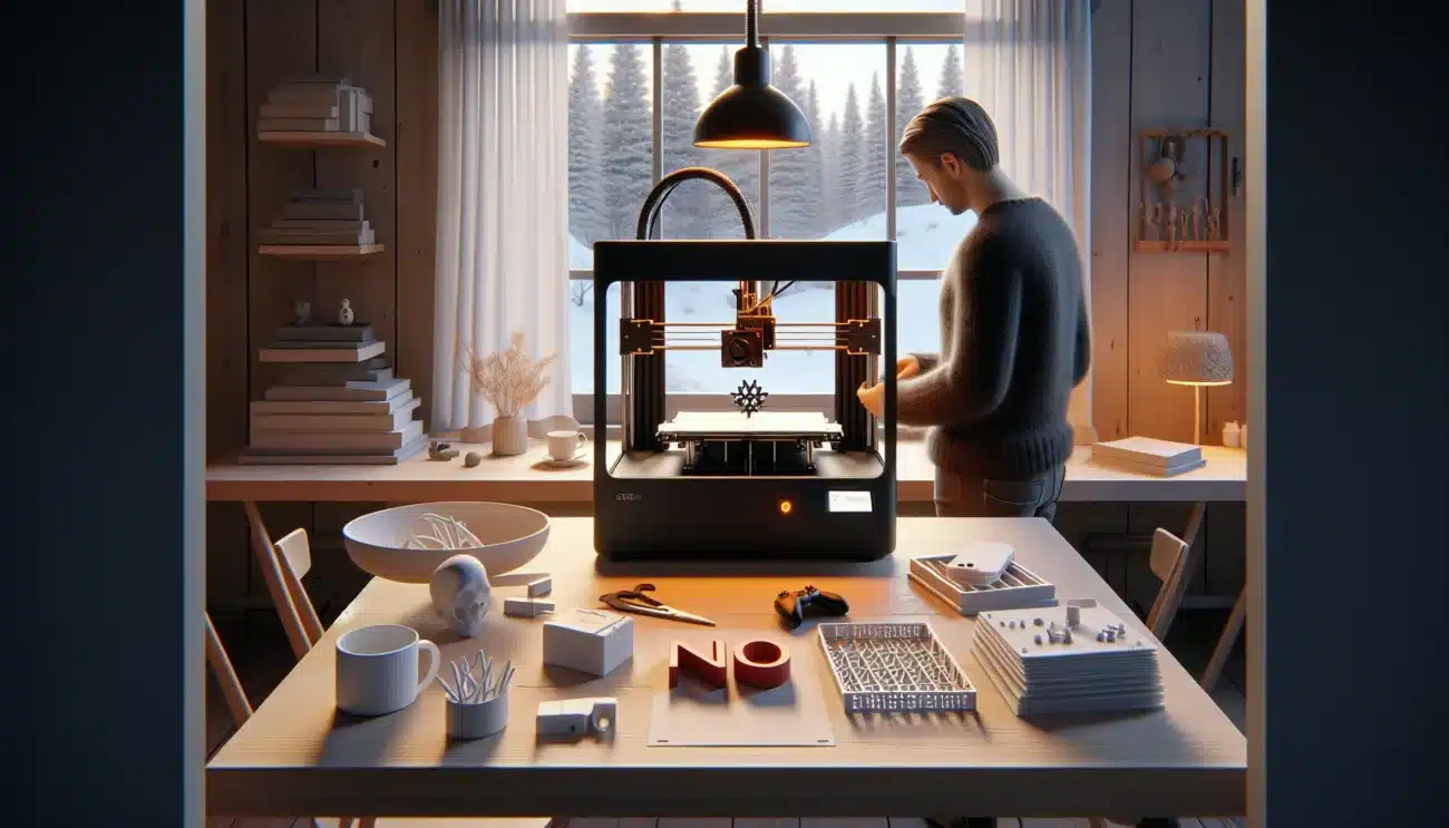 Norwegian hobbyist using a home 3d printer with legal parts and law book nearby