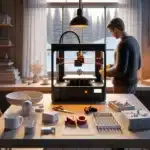 Norwegian hobbyist using a home 3d printer with legal parts and law book nearby