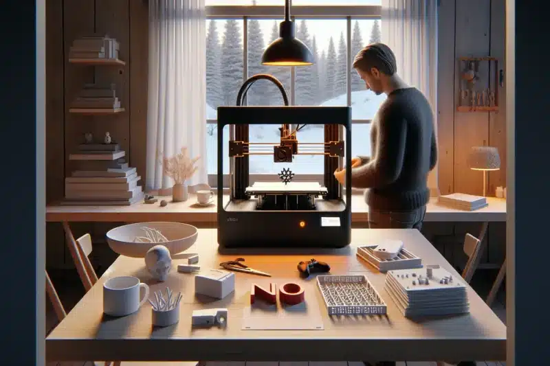 Norwegian hobbyist using a home 3d printer with legal parts and law book nearby