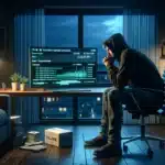 Ung mann i norsk leilighet ser bekymret pa torrent skjerm og juridisk brev