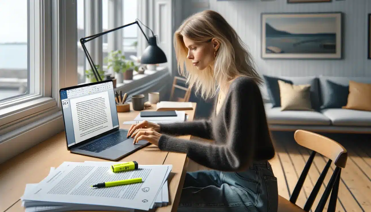 Young norwegian woman at laptop checking legal use of copied text and images
