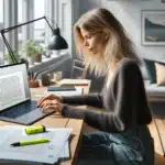 Young norwegian woman at laptop checking legal use of copied text and images