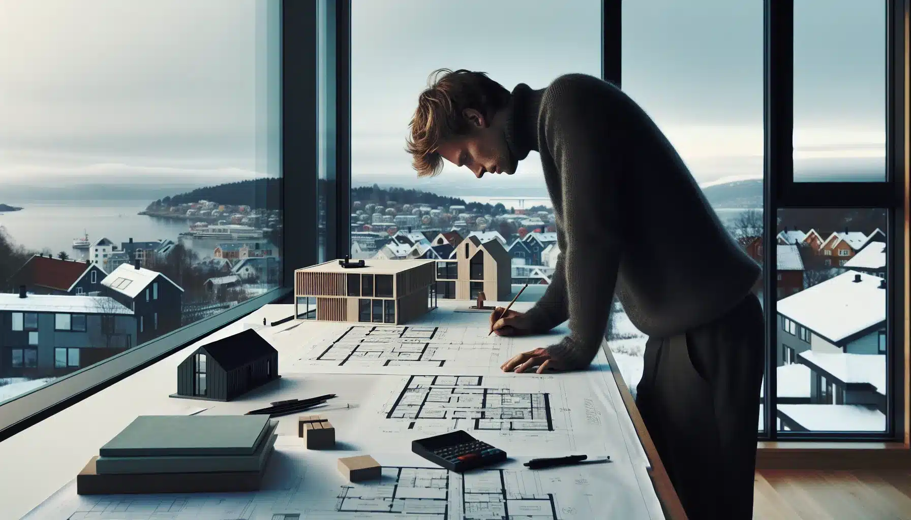 Hva er reglene for kopiering av byggetegninger og husplaner? 2 Norwegian architect working on detailed, legally protected house plans in a bright studio.