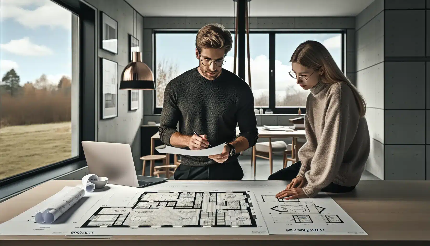 Hva er reglene for kopiering av byggetegninger og husplaner? 3 Architect and client review norwegian house plans and contract about copyright and use.