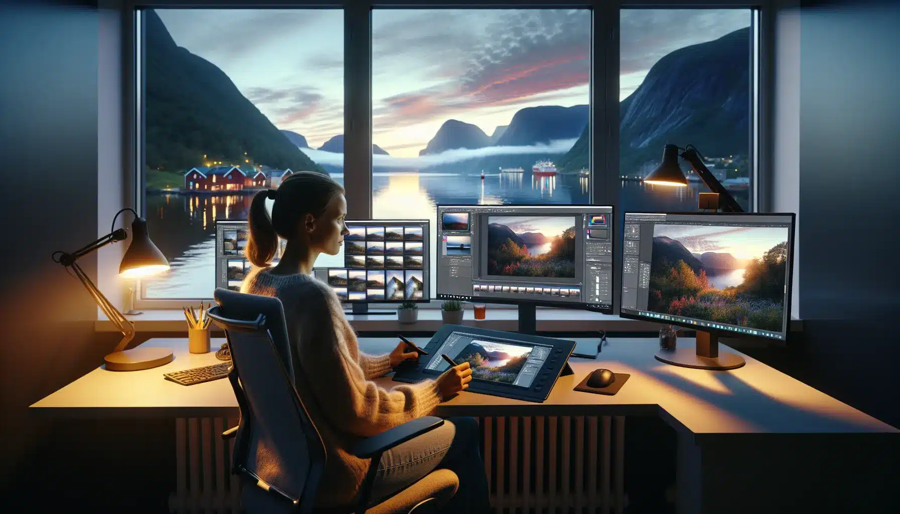 Norwegian designer contrasts manual editing and ai-generated images on dual monitors.