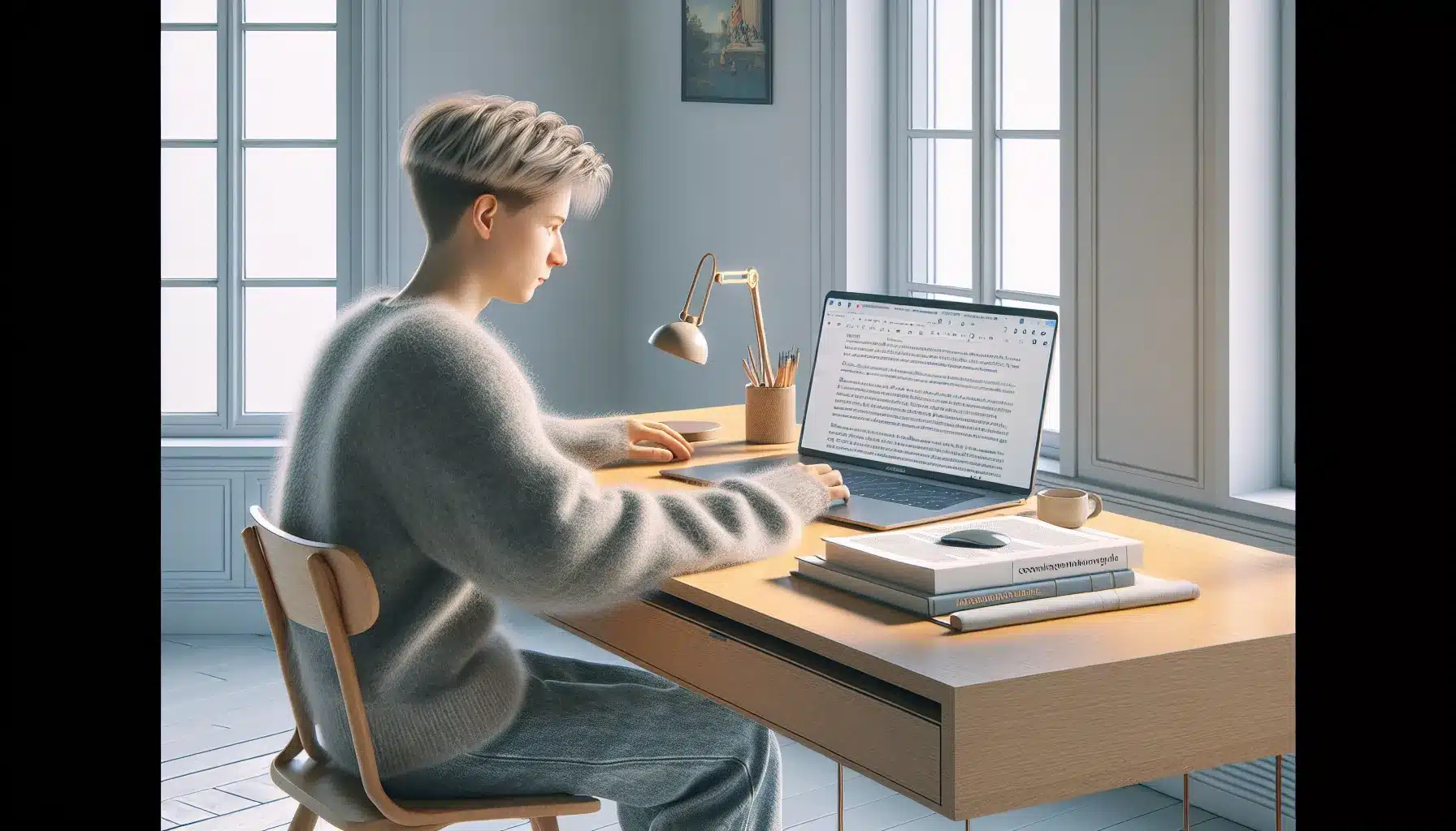 Tips for å kopiere tekst og bilder uten å bryte loven 2 Young norwegian adult studying copyright rules on laptop and printed law documents.
